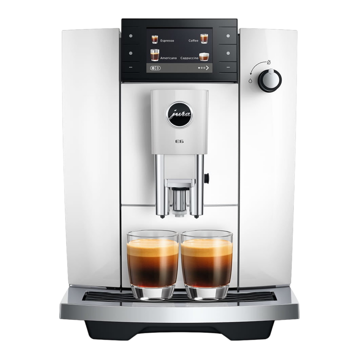 Kaffeekontor Bayern JURA E6 white automatic coffee machine with color display and two espresso glasses