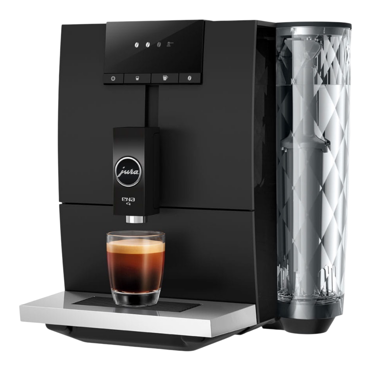 Kaffeekontor Bayern JURA ENA 4 compact black automatic coffee machine with a glass of espresso