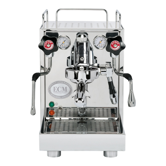 Kaffeekontor Bayern ECM Mechanika VI Slim Espressomaschine aus poliertem Edelstahl mit E61 Brühgruppe in Frontansicht