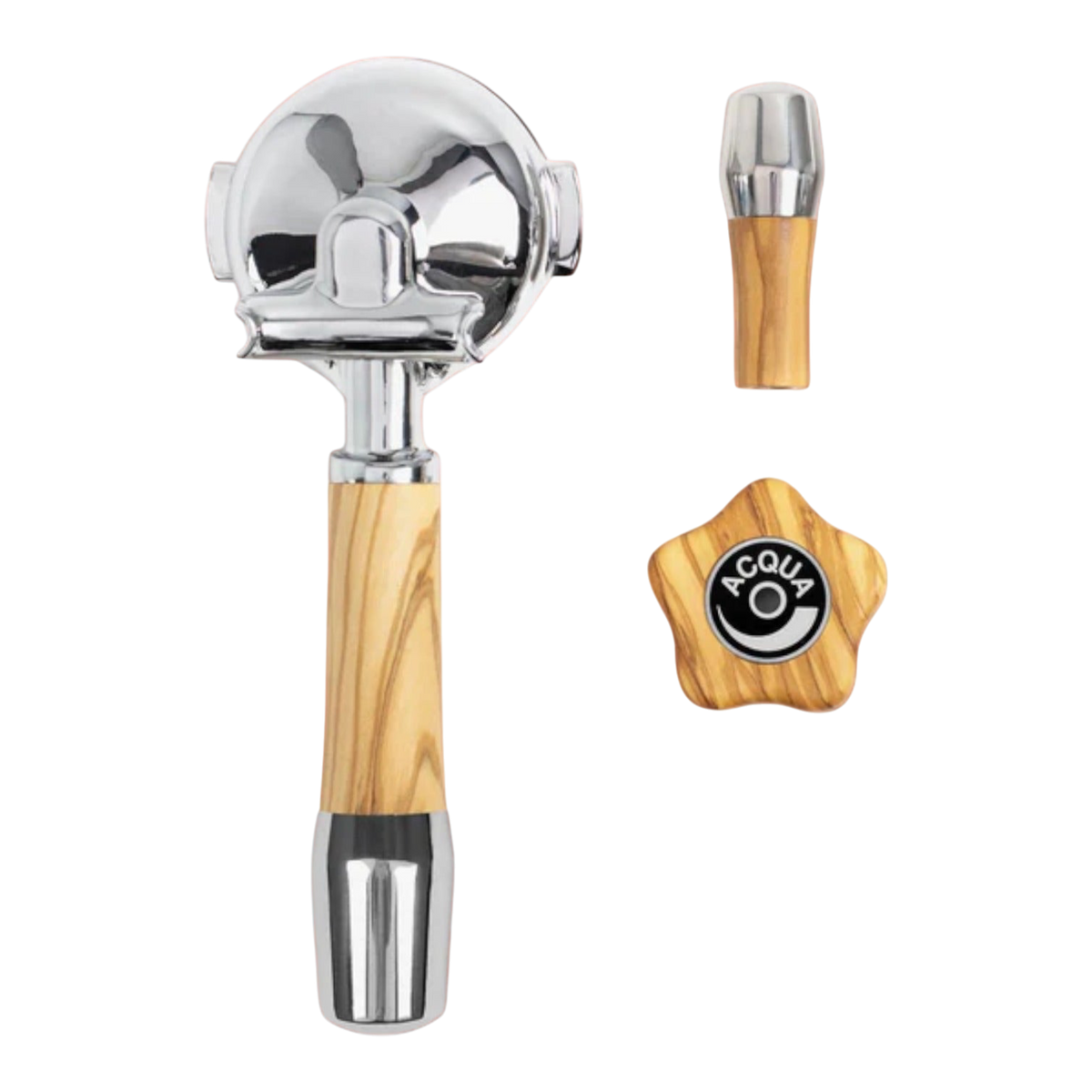 Kaffeekontor Bayern ECM wooden portafilter handle, steam knob, and lever set with olive wood and chrome accents