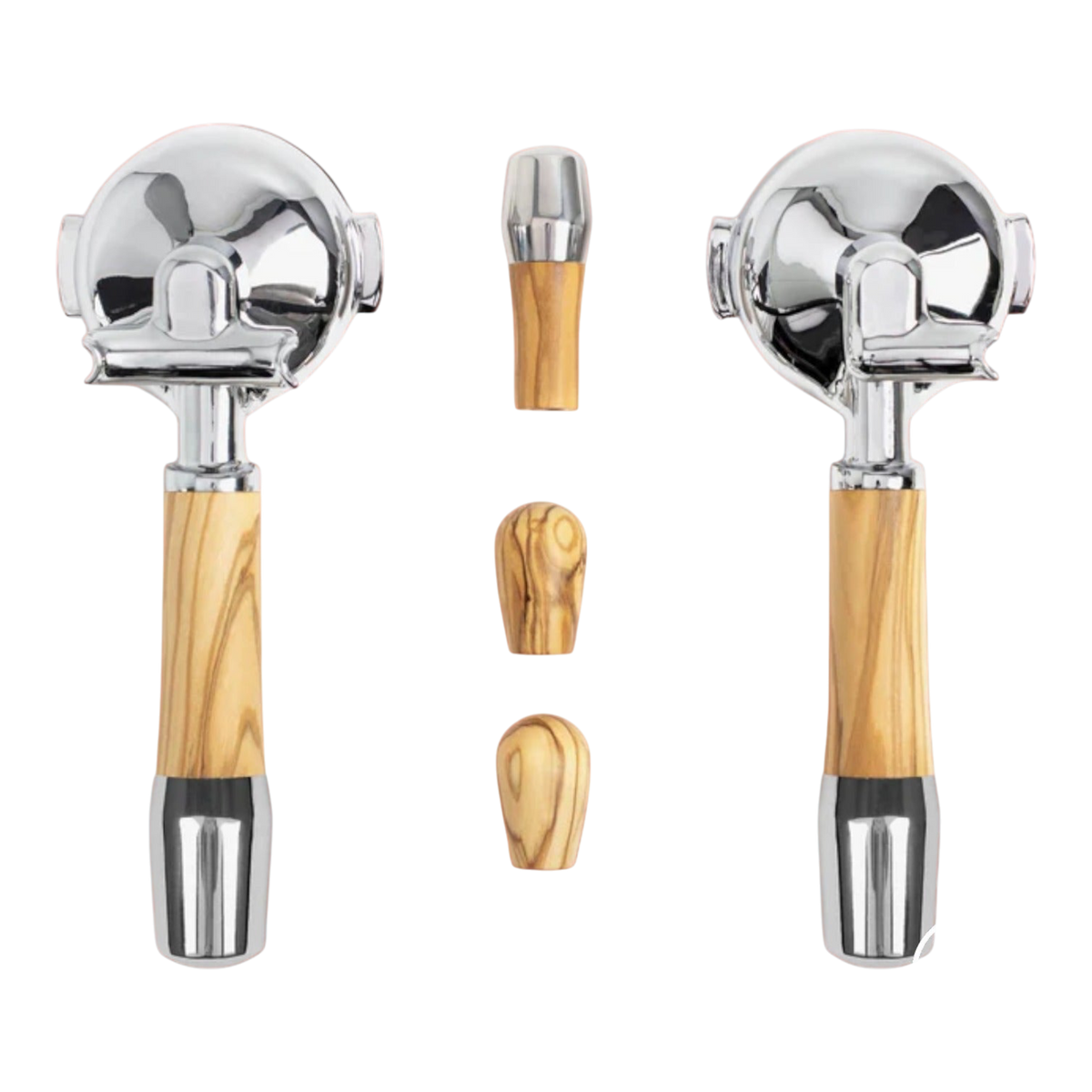 Kaffeekontor Bayern wooden portafilter handles and valve knobs set for ECM espresso machines with olive wood finish