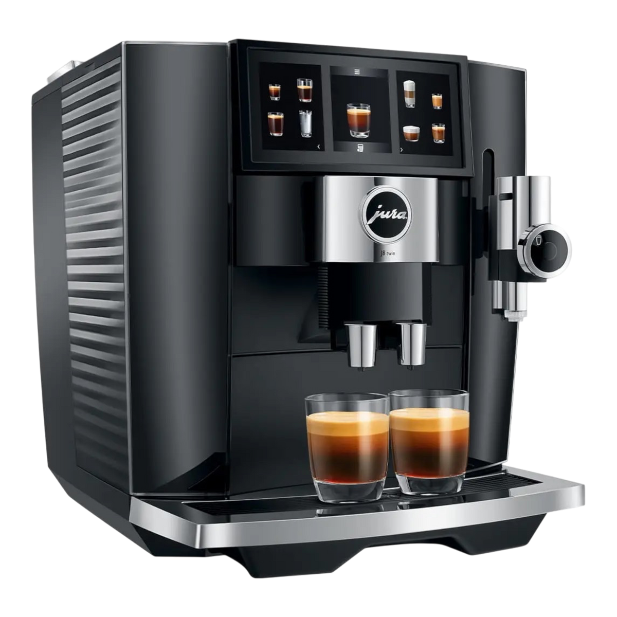 Kaffeekontor Bayern J8 twin coffee machine in Diamond Black with dual espresso cups and touchscreen display