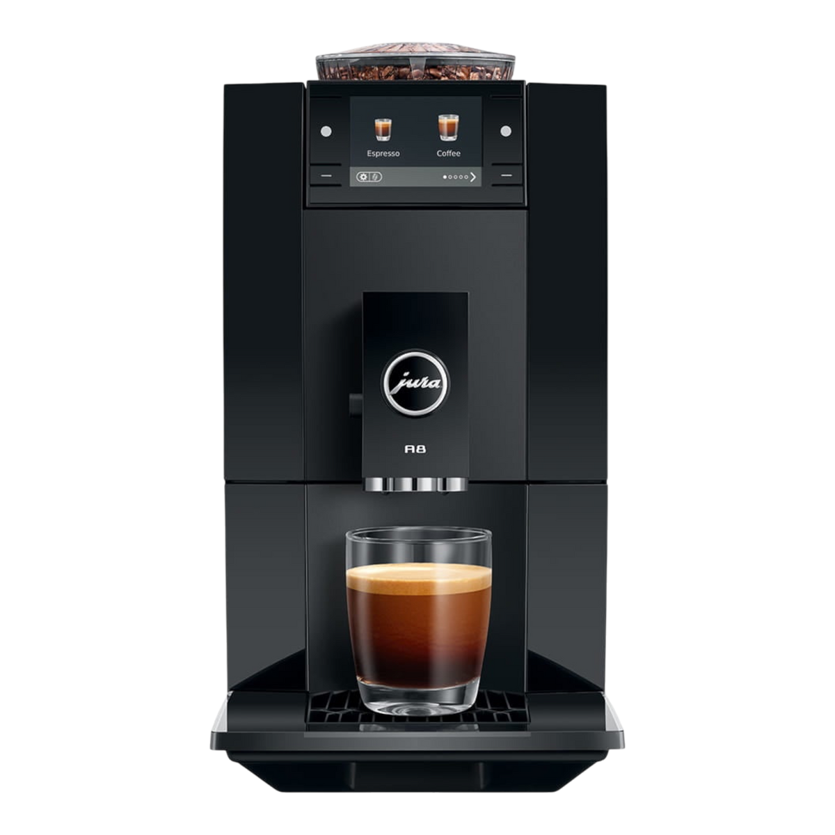 Kaffeekontor Bayern JURA A8 compact black automatic coffee machine with color display and glass of espresso