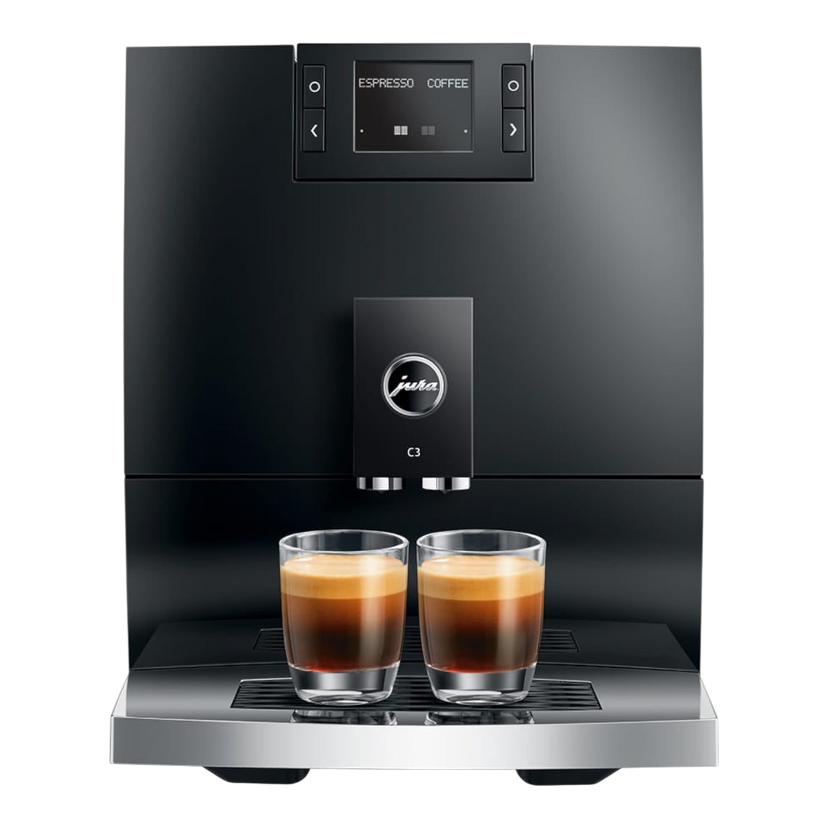 Kaffeekontor Bayern JURA C3 automatic coffee machine in black brewing two espressos in glass cups