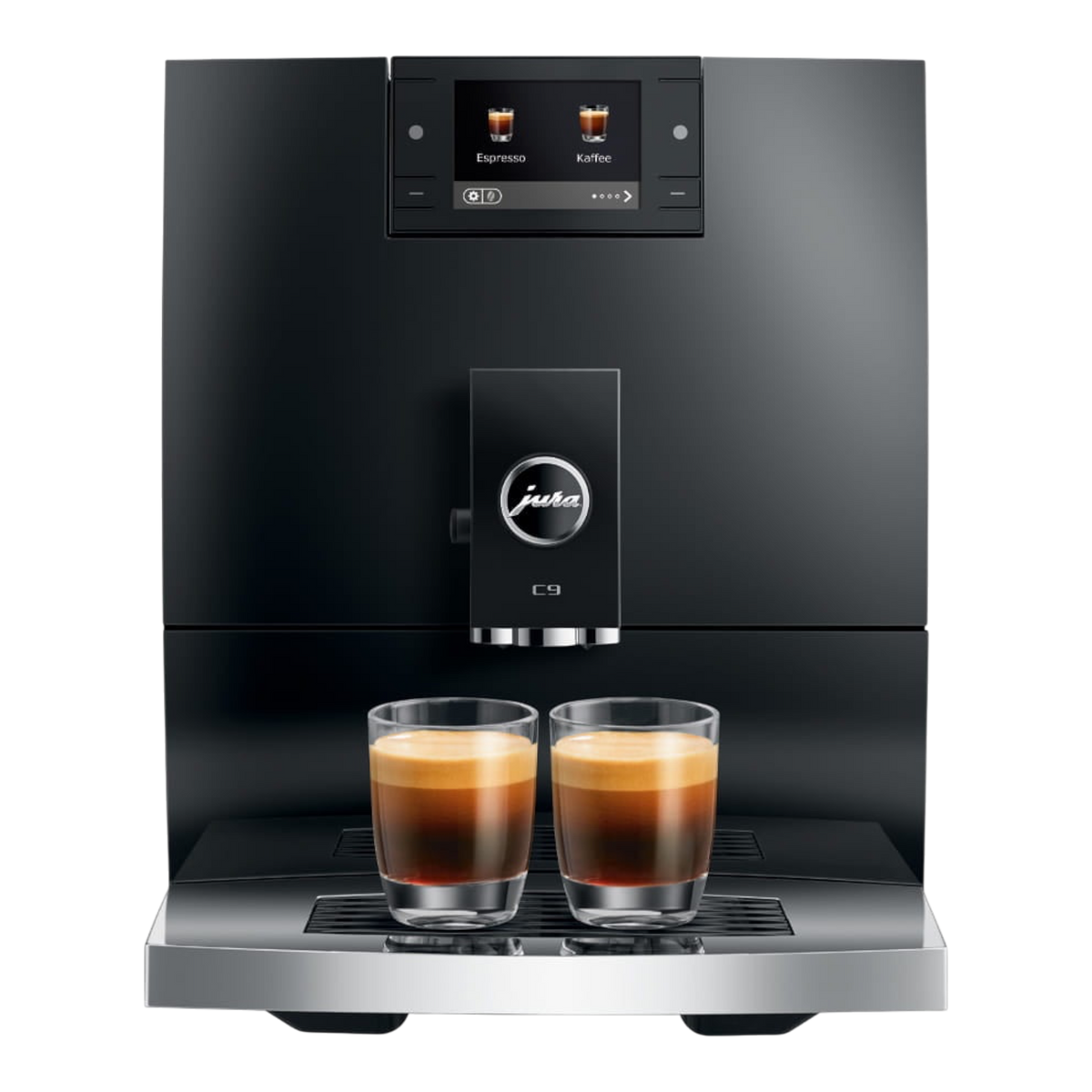 Kaffeekontor Bayern JURA C9 automatic coffee machine in black with two espresso glasses on the drip tray