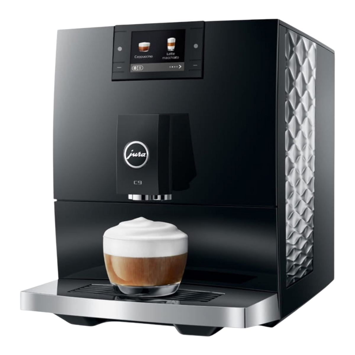Kaffeekontor Bayern JURA C9 automatic coffee machine in black with a glass of cappuccino and textured side panels.
