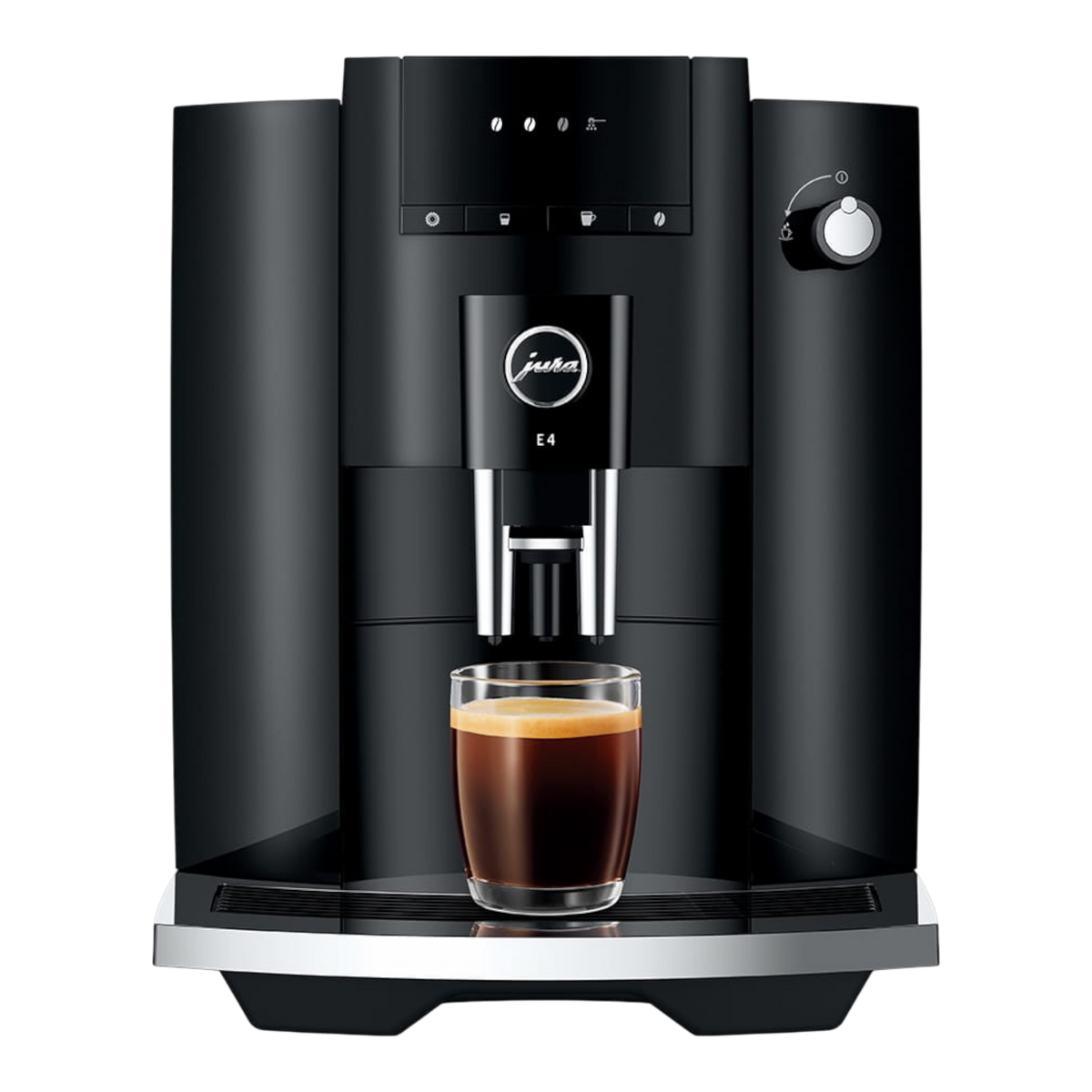 Kaffeekontor Bayern JURA E4 black automatic coffee machine brewing a fresh espresso in a glass cup