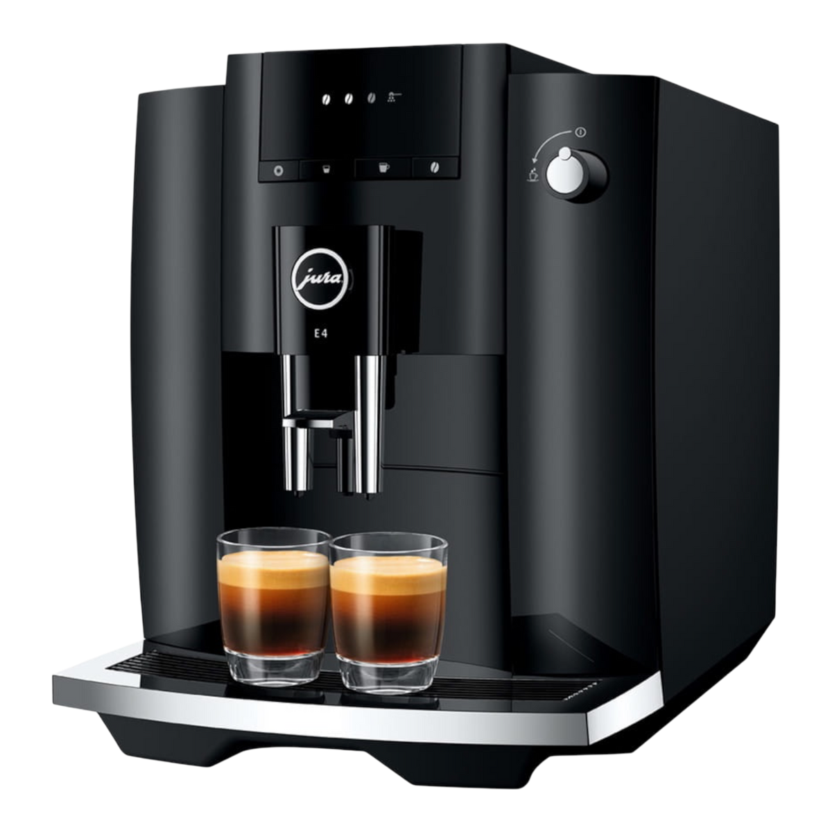 Kaffeekontor Bayern JURA E4 black automatic coffee machine brewing two espressos in glass cups