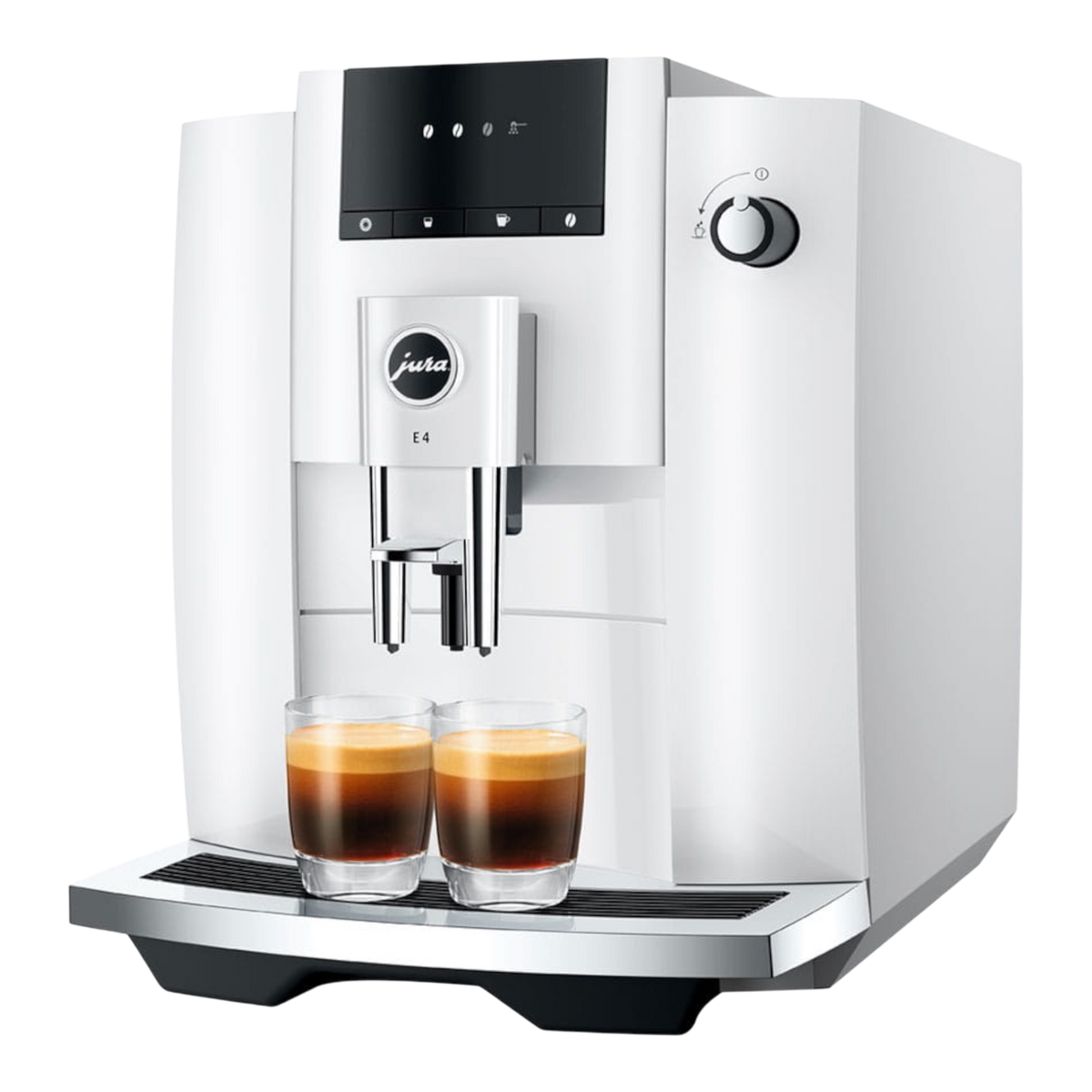 Kaffeekontor Bayern JURA E4 white automatic coffee machine brewing two espressos with a clear display interface