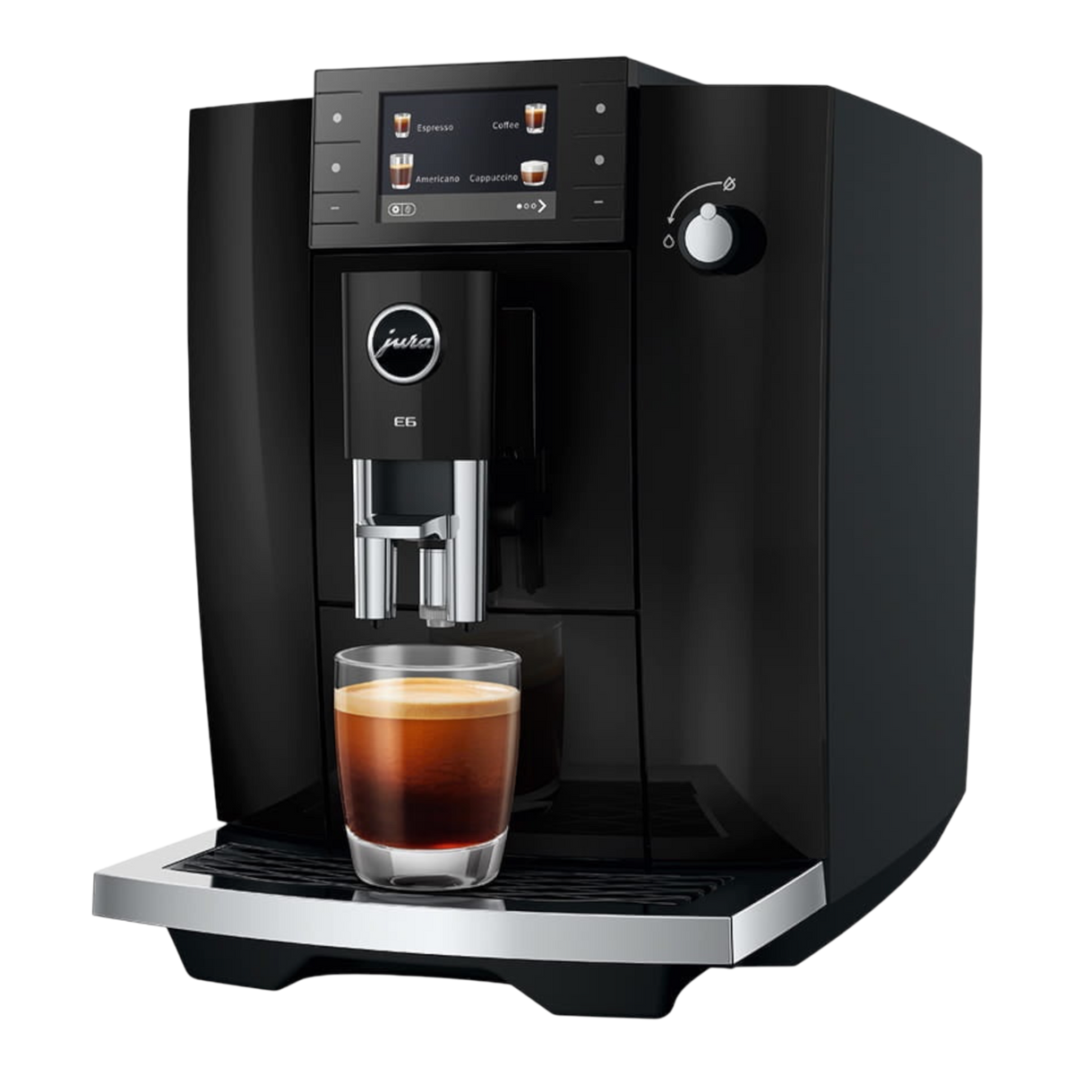 Kaffeekontor Bayern JURA E6 black automatic coffee machine with color display and glass of espresso
