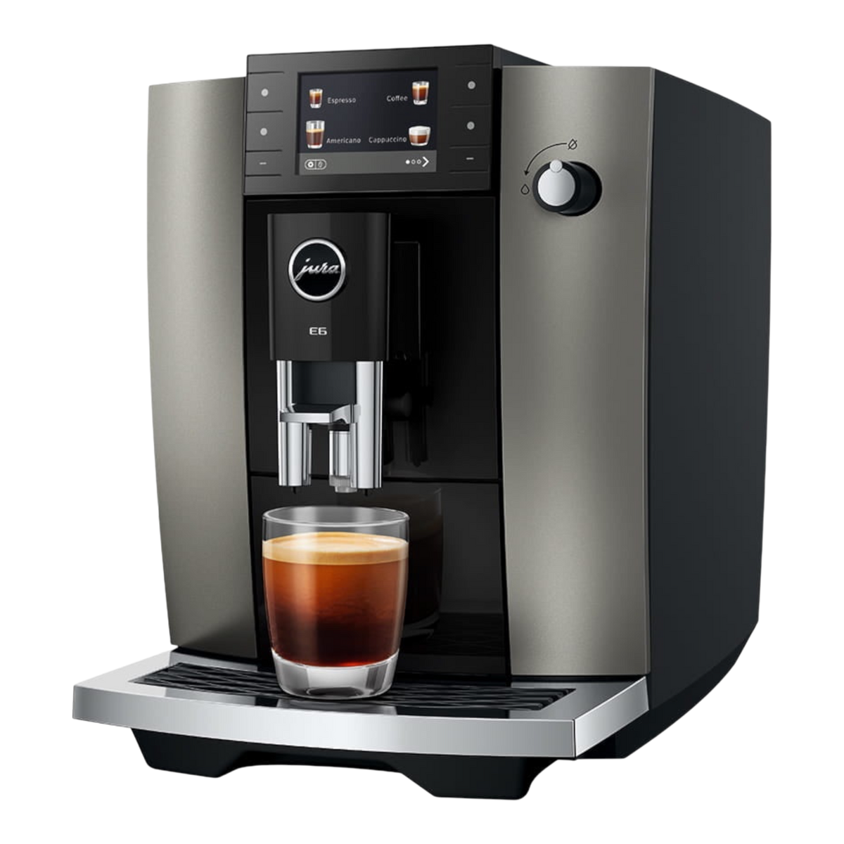 Kaffeekontor Bayern JURA E6 automatic coffee machine in dark grey with a color display and glass of espresso
