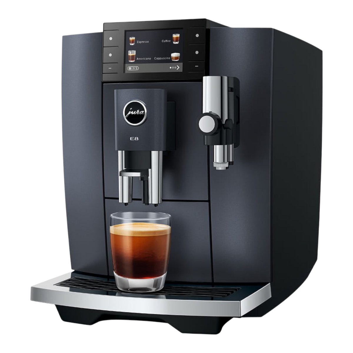 Kaffeekontor Bayern JURA E8 automatic coffee machine in black with a glass of espresso and a color display.