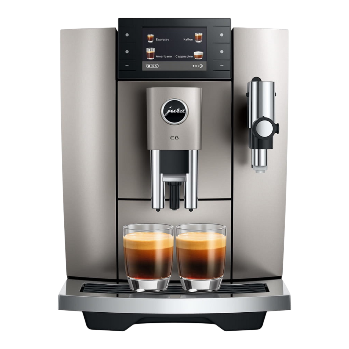 Kaffeekontor Bayern JURA E8 automatic coffee machine in silver with a color display and two espresso glasses