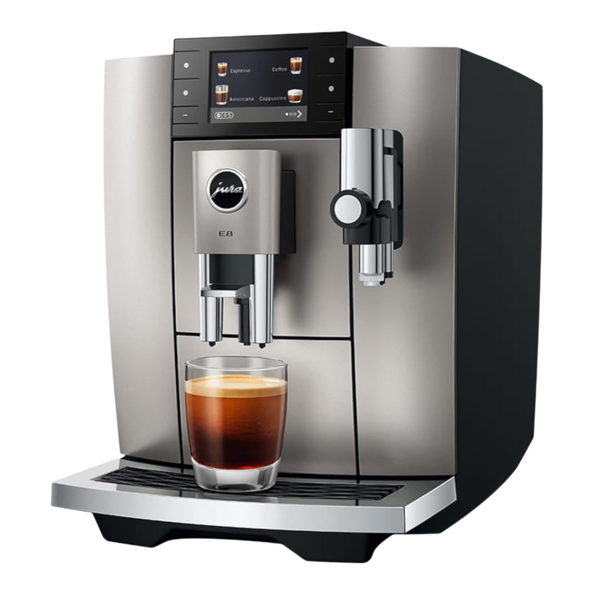 Kaffeekontor Bayern JURA E8 automatic coffee machine in silver and black with a glass of espresso