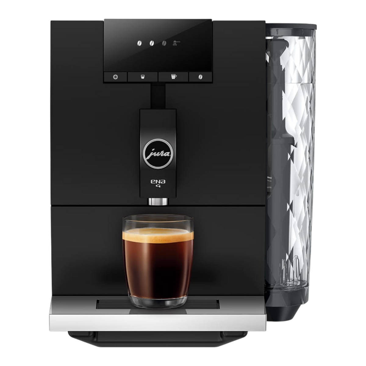 Kaffeekontor Bayern JURA ENA 4 compact black automatic coffee machine with a glass of espresso