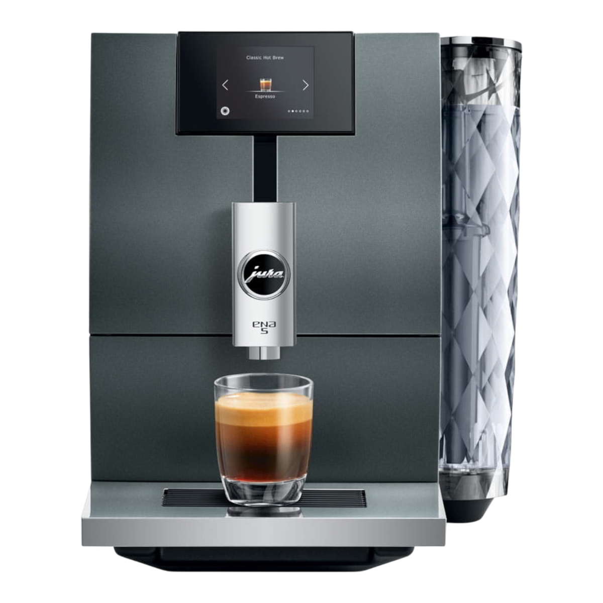 Kaffeekontor Bayern JURA ENA 5 compact automatic coffee machine in dark grey with a diamond-pattern water tank