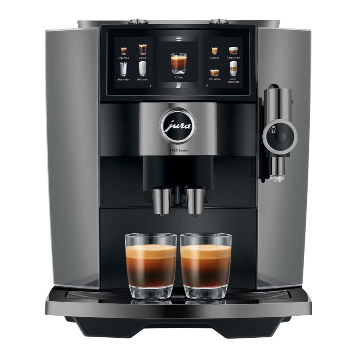 Kaffeekontor Bayern JURA J10 twin automatic coffee machine in dark grey with touchscreen and dual espresso glasses