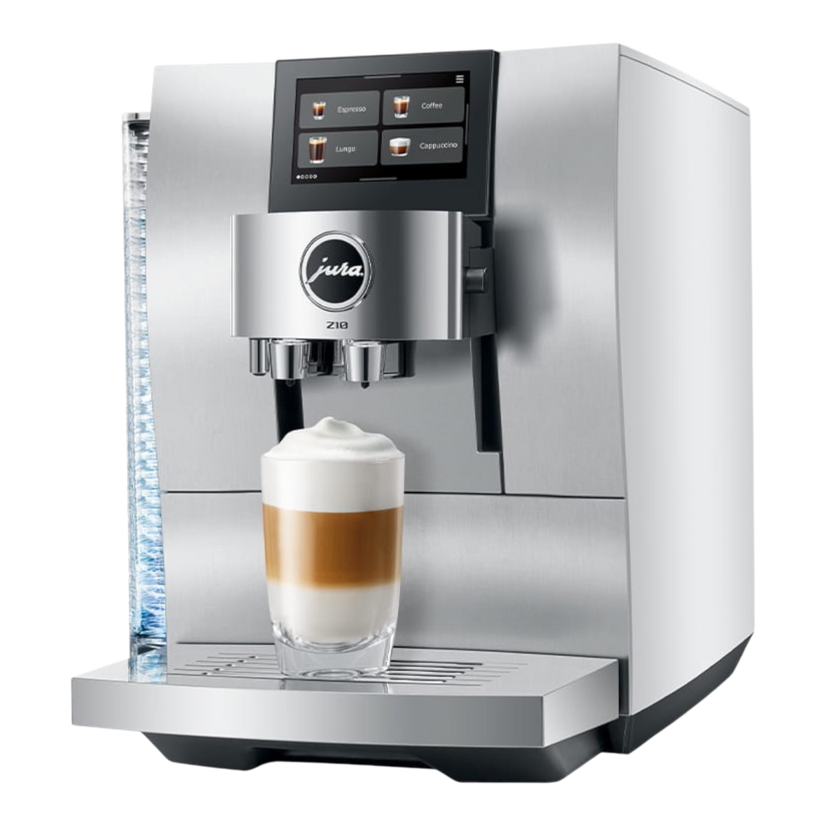 Kaffeekontor Bayern Jura Z10 automatic coffee machine in silver with a 5-inch touchscreen and layered latte glass.