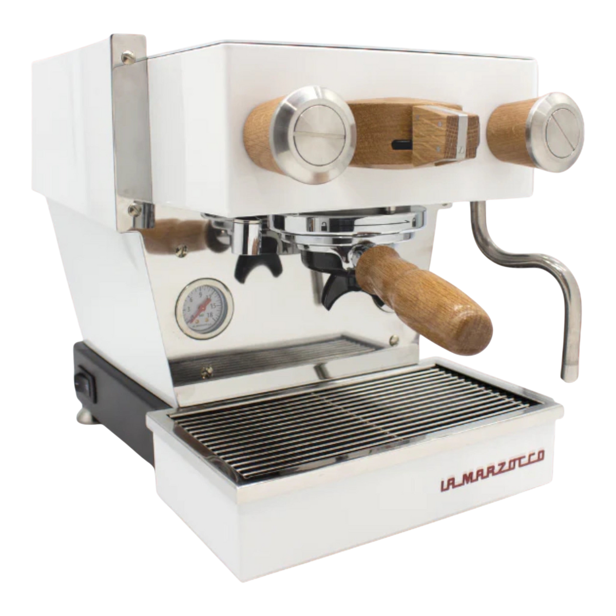 Kaffeekontor Bayern oak and stainless steel accessory set for La Marzocco Linea Micra espresso machine