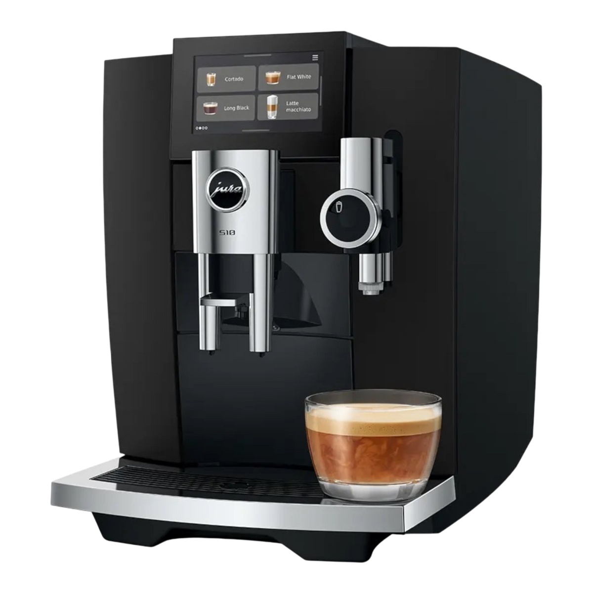 Kaffeekontor Bayern S10 automatic coffee machine in black with touchscreen display and glass of coffee