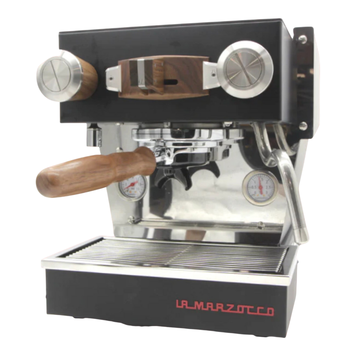 Kaffeekontor Bayern walnut wood and stainless steel accessory set for La Marzocco Linea Micra espresso machine