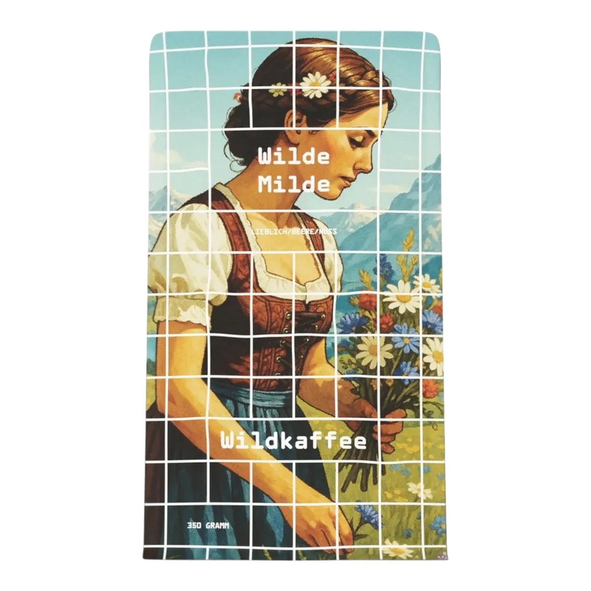 Kaffeekontor Bayern Wilde Milde Kaffeeverpackung mit illustriertem Motiv einer Frau in Tracht auf einer Blumenwiese