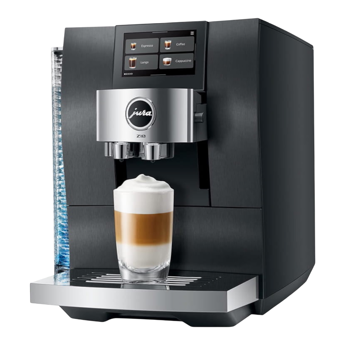 Kaffeekontor Bayern Z10 automatic coffee machine in black with a 5-inch touchscreen and a glass of layered latte.
