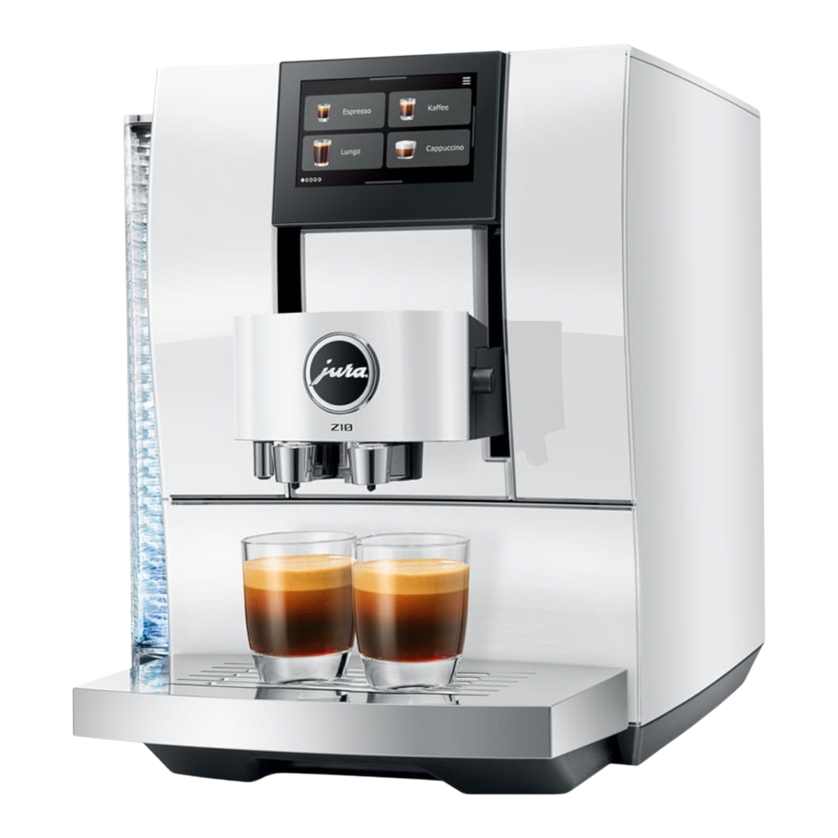 Kaffeekontor Bayern Z10 white automatic coffee machine with 5-inch touchscreen display and two espresso glasses
